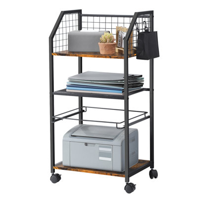 3-Tier Rolling Storage Cart with Metal Frame, Wooden Shelves & Hooked Storage Pocket - Mobile Organizer for Kitchen, Bathroom, Office, Living Room