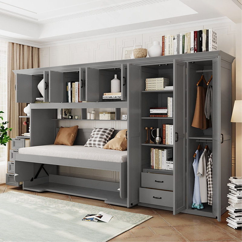 Lit escamotable simple avec armoire murale, armoire et bureau, Gris