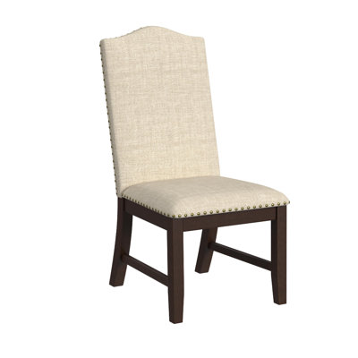 Dining Chair Set Of 2, Scalloped Back, Cherry Wood, Beige Fabric