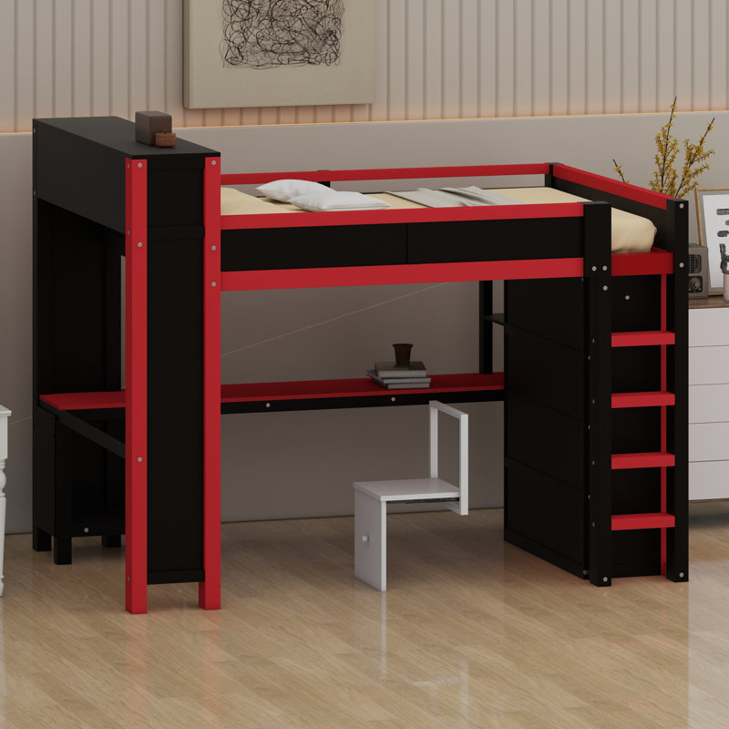 Lit mezzanine contemporain au design tout-en-un avec garde-robe, bureau, rangement supplémentaire et accès USB
