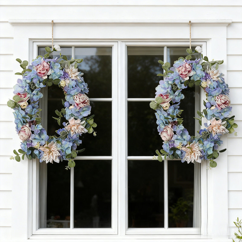 2Pcs Fleur de pivoine artificielle avec couronne de fleurs et feuilles vertes pour porte d'entrée, mariage, mur, décoration intérieure