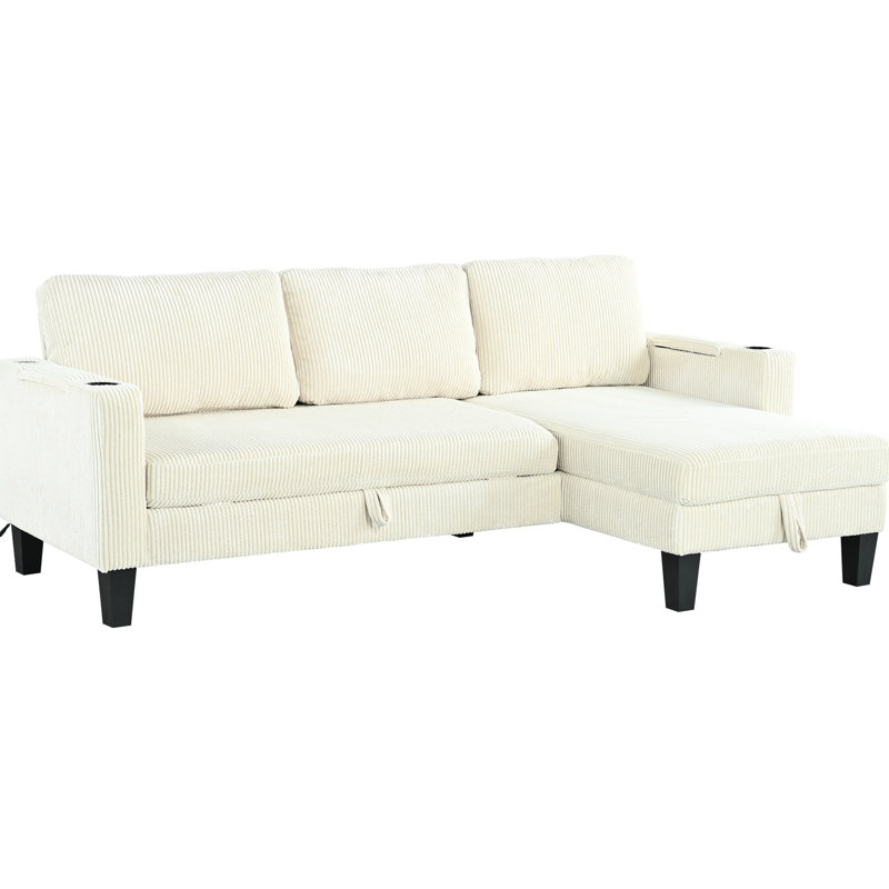 Reversible Sectional With Storage Chaise, Arm Cup Holders And Ports, 3 Corduroy Sleeper For Apartment, Bedroom, Living Room - Beige, 80.32 In Deep, 51.87 Wide, 33.04 High, 114.45 Lb Modern Bed