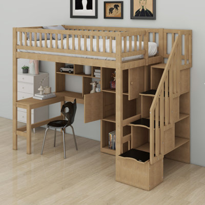 Lit mezzanine en bois avec bureau intégré, DEL, tablettes de rangement, armoires et escalier