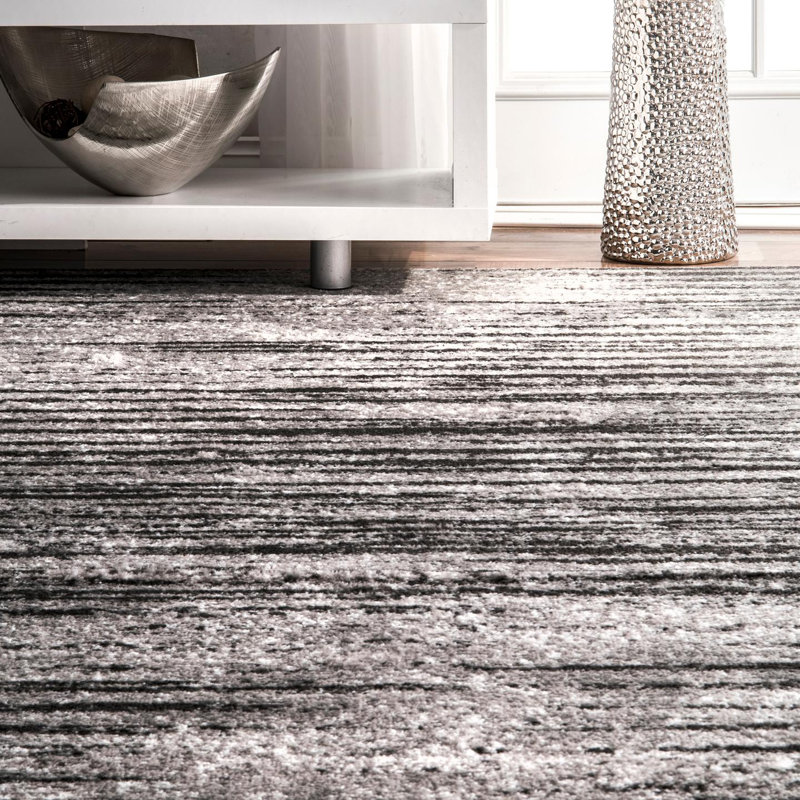 Khadijah Striped Light Gray Area Rug, Square 6'