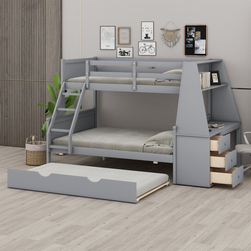 Bunk Bed With Trundle,Built-In Desk,Drawers And Shelf, Gray