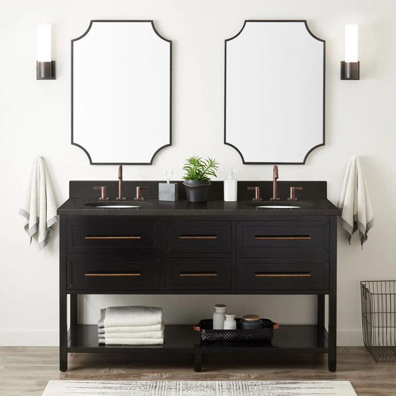 60" Robertson Double Bathroom Vanity Set with Oval Undermount Sinks, 8" Widespread, Feathered White Quartz, Black