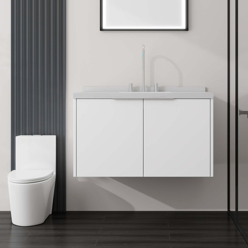 Meuble-lavabo suspendu de 91 cm avec lavabo et porte à fermeture en douceur, Blanc