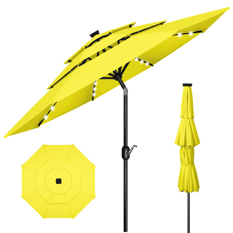 3 m 3-Tier Solar Patio Umbrella,32 LED Lights Patio Table Umbrellas With Tilt And Crank,8 Sturdy Ribs For Market, Beach, Pool, Garden, Deck, Backyard