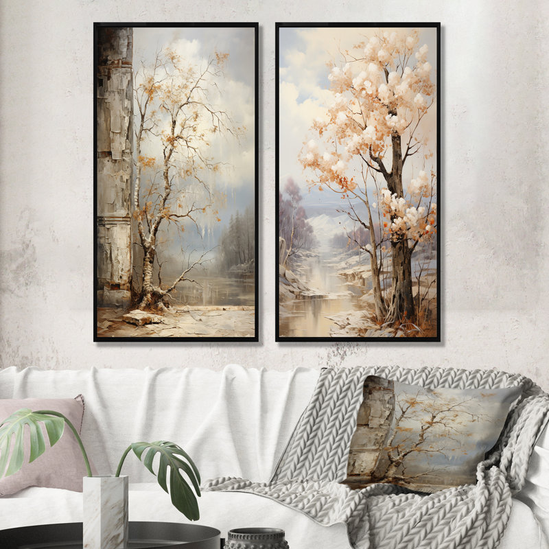 «Mute Tone Oak Trees In Autumn», ensemble de 2 reproductions d'art sur toile, Cadre flottant noir, H 32 po x l 33 po