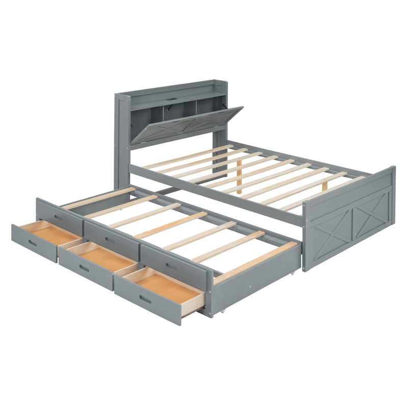Lit double en bois avec tête de lit avec prises de courant, lit extensible avec lit gigogne simple avec trois tiroirs de rangement, gris