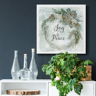 Joy and Peace Pine Wreath - Reproduction d'art textuel sur toile tendue
