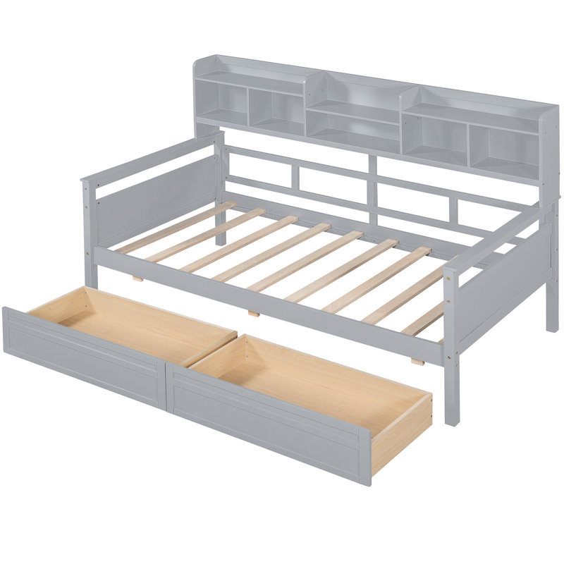 Lit de jour simple, cadre en lattes de bois massif gris, tablettes de chevet et tiroirs pour cadre utilitaire avec lattes, rangement