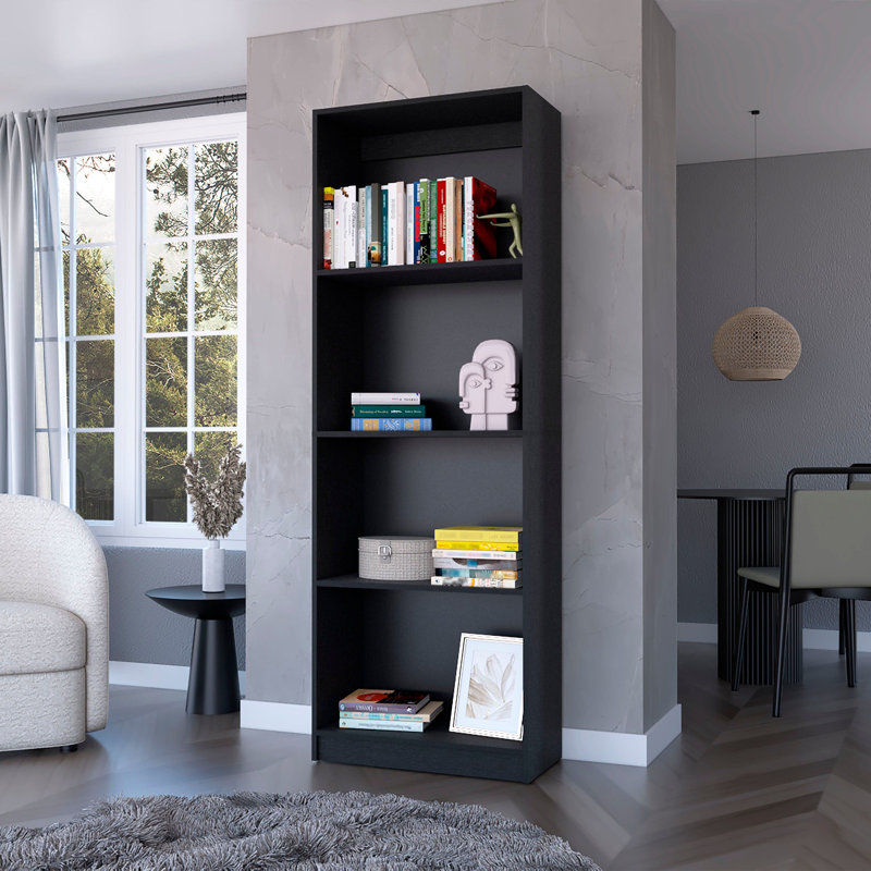 71" White Wood Four Tier Bookcase, Black