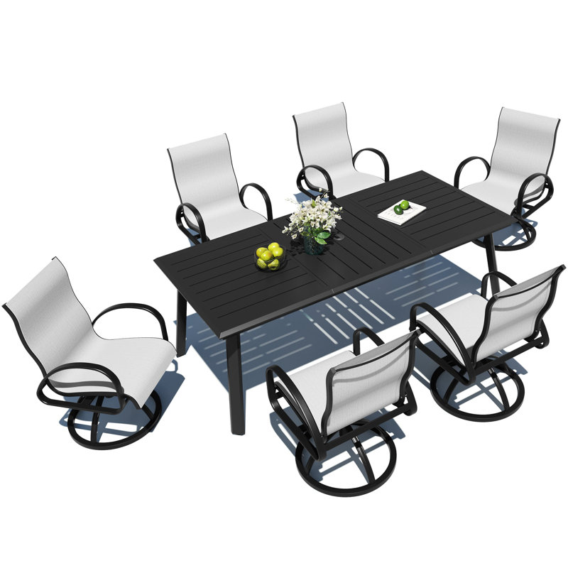 6 - Person Aluminum Outdoor Dining Dining Set With Sunbrella Swivel Rocking Dining Armchairs, Augustine Oyster