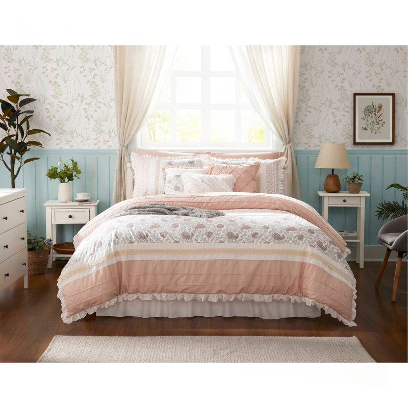 Ensemble d'édredon 9 pièces en percale de coton rosé, Très grand édredon et 8 pièces supplémentaires