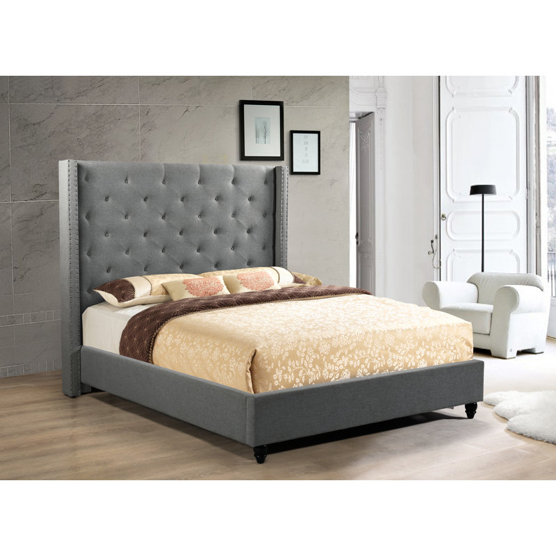 Upholstered Wingback Bed, King, Gray