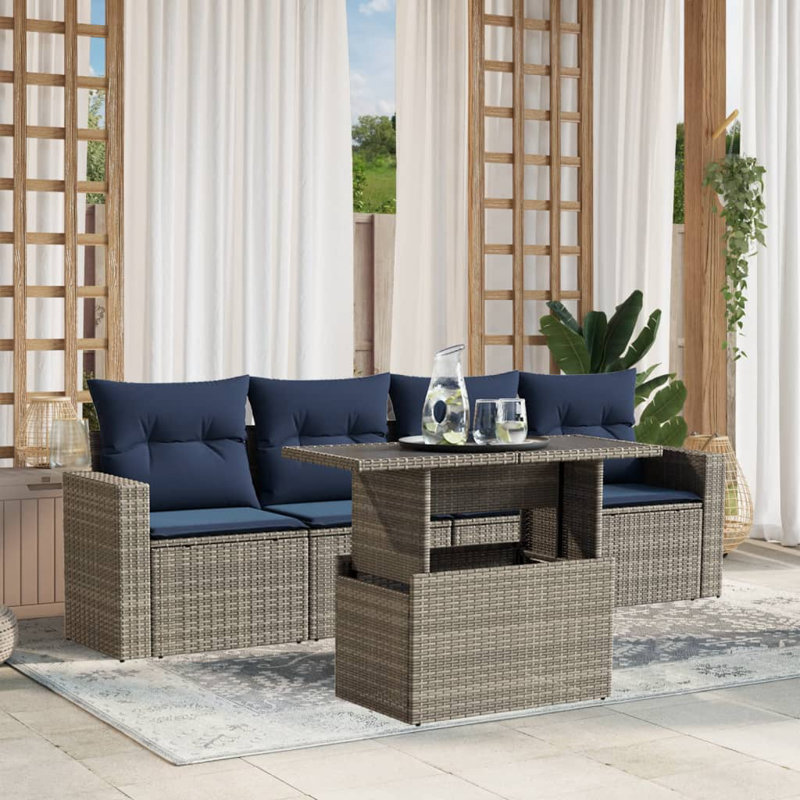 Ensemble de canapé de patio 5 pièces avec coussins en rotin de polyester, Gris, Marine