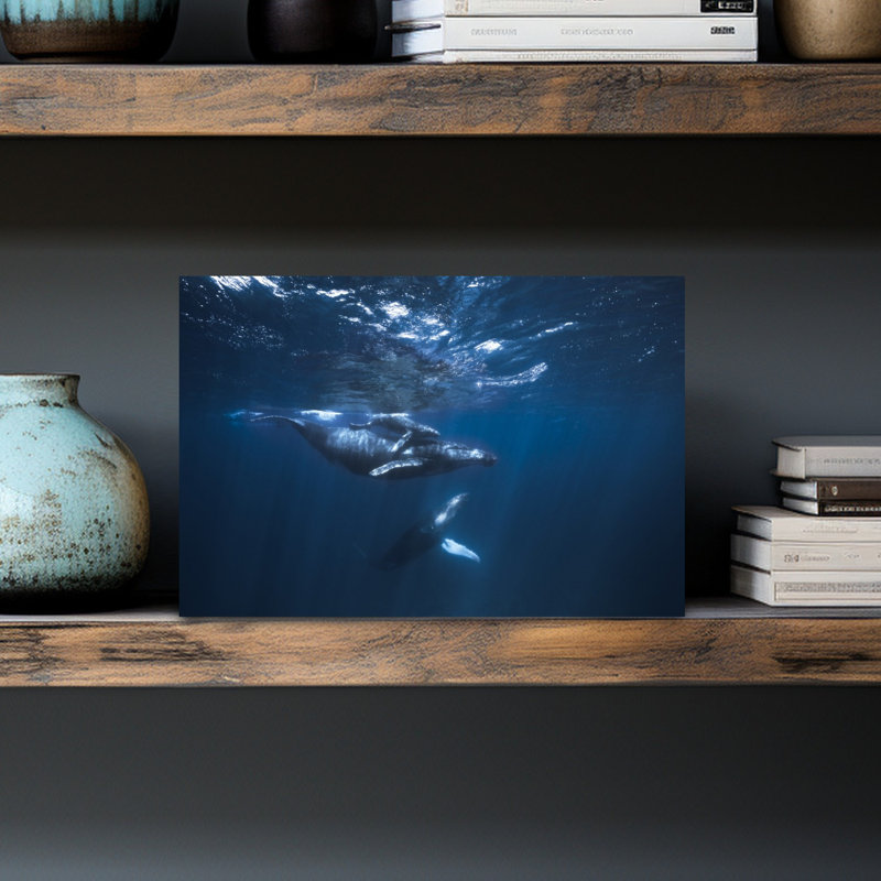Deep Blue Whale Family Serene Contemporary Whale Nature Ocean Wall Art Print 1 Piece Wrapped Canvas Wall Art