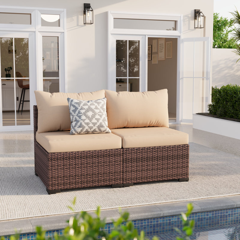 Chaises de patio d'extérieur sans accoudoirs en osier avec coussins 2 places, Khaki