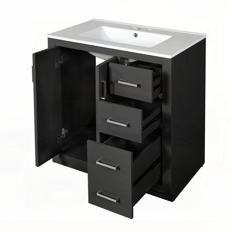 Meuble-lavabo 30 po avec lavabo en céramique, Noir, Argent argent