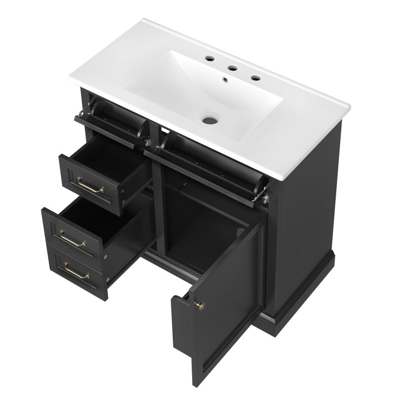 Meuble-lavabo autoportant de 36 po avec comptoir en céramique, porte à fermeture douce et 4 tiroirs pré-percés pour robinet de 8 po | Idée de cadeau
