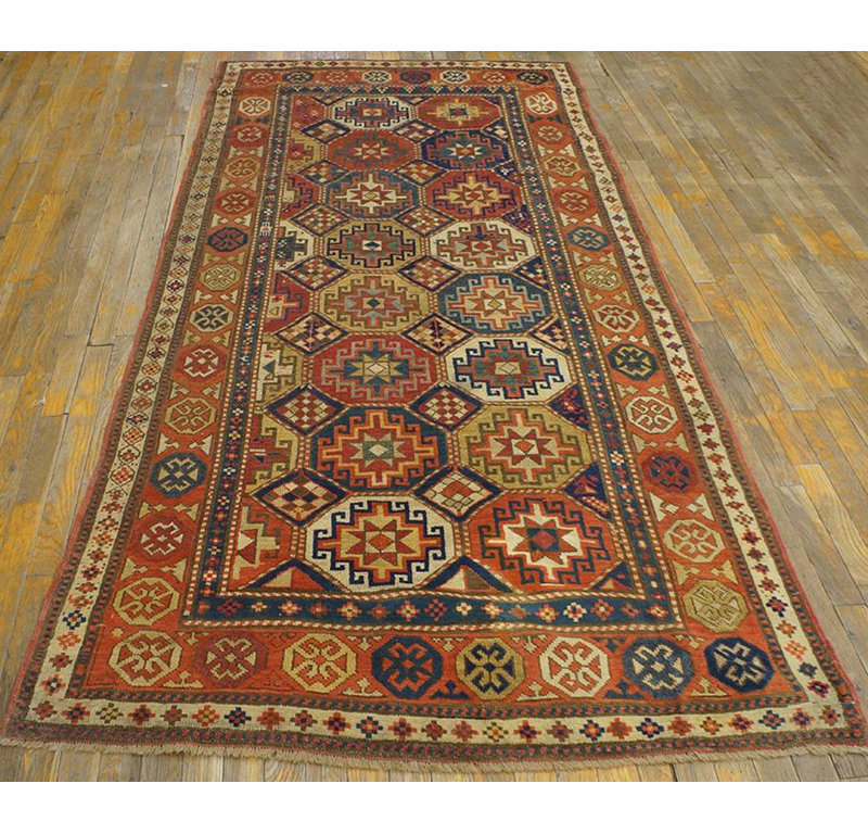 1890s Blue Geometric Antique Caucasian Kazak Rug 4'X8'2" Handknotted Wool Carpet