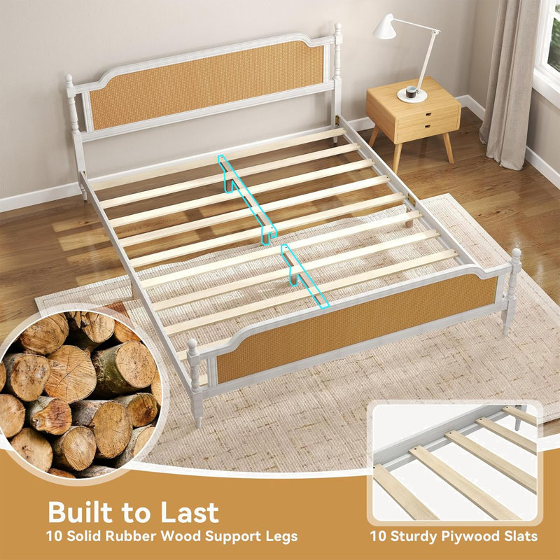 Base de lit plateforme avec tête et pied de lit en rotin, Double, Blanc/noyer