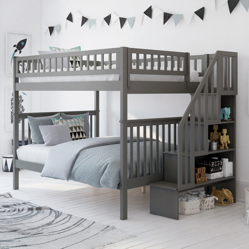 Ilariana Heavy Duty Kids Staircase Bunk Bed, Gray, Full Over Full