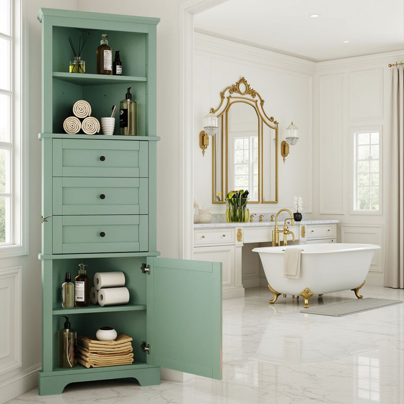 Traditional Tall Corner Cabinet, 68.9"H Freestanding Storage Unit With 3 Drawers & Adjustable Shelves, Green