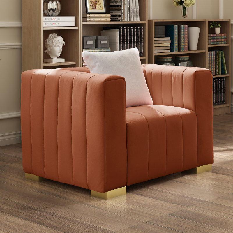 Fauteuil d'appoint confortable en velours à rayures verticales 35,4 po, Doré, Brun