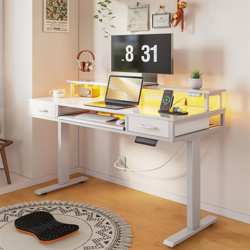 Desk With Keyboard Tray, Adjustable Desk With Monitor Stand, Height-Adjustable Gaming Table With Sockets And Light Bar