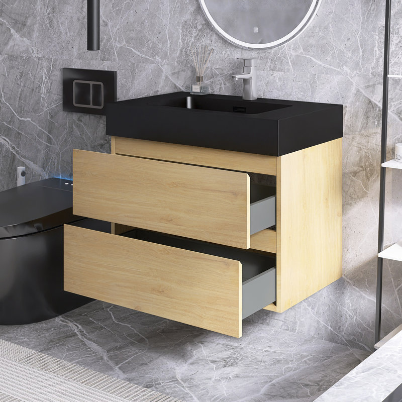 30 In. Single Sink Wall Mounted Bathroom Vanity with Top, Oak