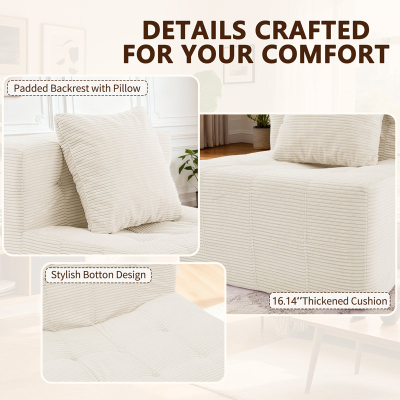 Single Sofa, Armless Floor Sofa with Ottoman, Foam Sofa With Pillow For Living Room and Bedroom, No Assembly Required, Beige