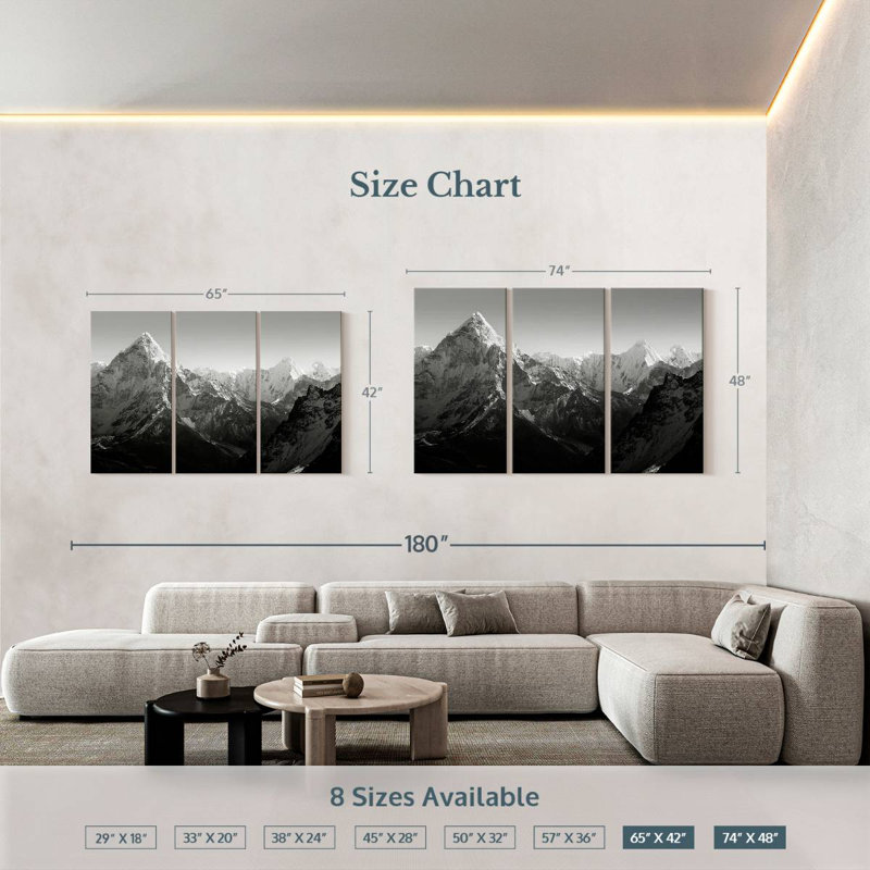 Montagne noire et blanche 3 pièces, H 48 po x l 74 po x P 1,25 po