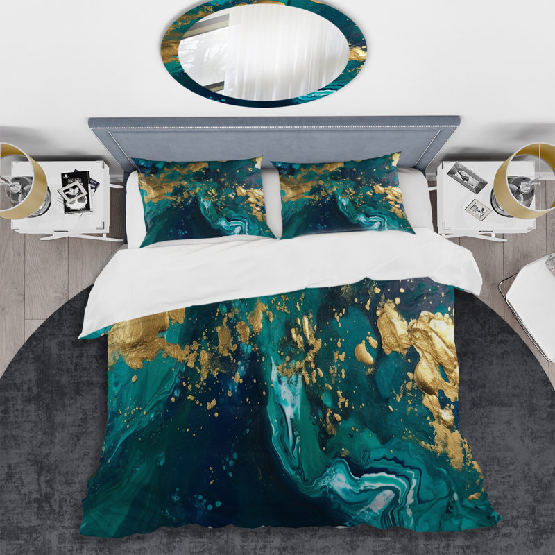Ensemble de housse de couette en microfibre / polyester Teal and Gold, Housse de couette pour grand lit et 2 taies décor