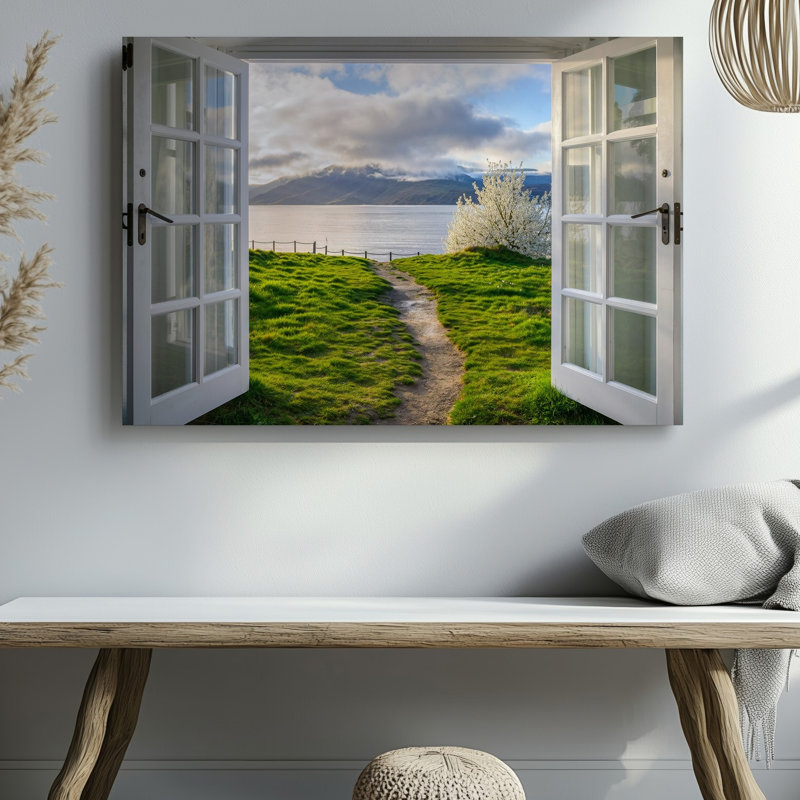 Toile, une vue sereine à travers une paire ouverte d'art encadré blanc, portes doubles révélant une scène au bord du lac tranquille