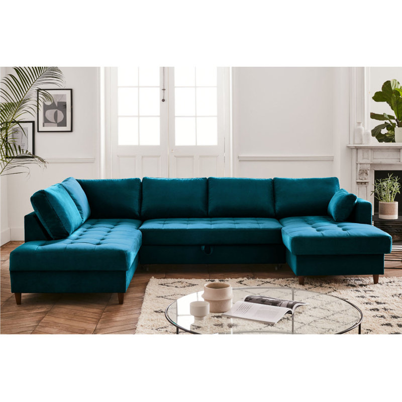 7 Seater Velvet Sofa Bed, Peacock Blue, Left Hand Facing