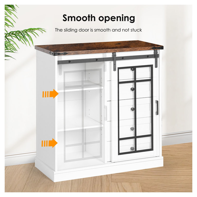 Armoire de rangement autoportante à porte de grange coulissante avec lumières DEL, buffet blanc et noyer