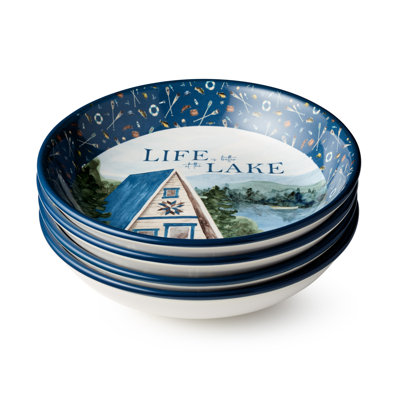 Wake at the Lake 9” Soup/Pasta Bowls, Set of 4 – Rustic Lakeside Artwork – Durable Stoneware Tableware – Dishwasher & Microwave Safe for Serving Soups, Salads & Pasta