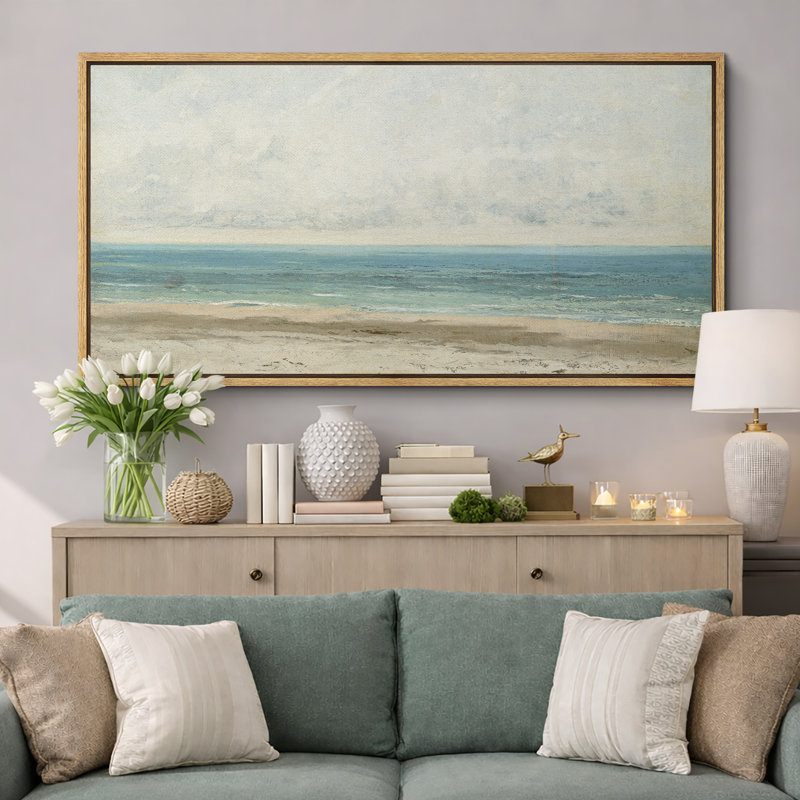 Coastal Beach " Serene Seaside Subtle Beach And Ocean Landscape Rustic Retro Art Decor Extra Large Pictures ", 30" H x 60" W