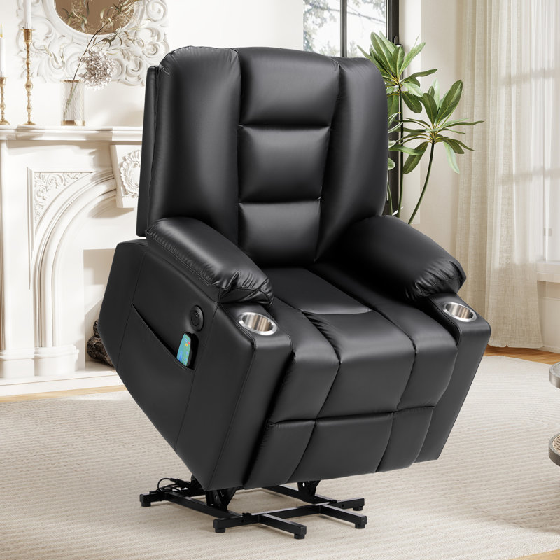 35.6" W Classic Power Faux Leather Electric Lift Assist Reclining Chair For Elderly With Massage, Heat, Usb Port, 2 Cup Holders & Side Pocket