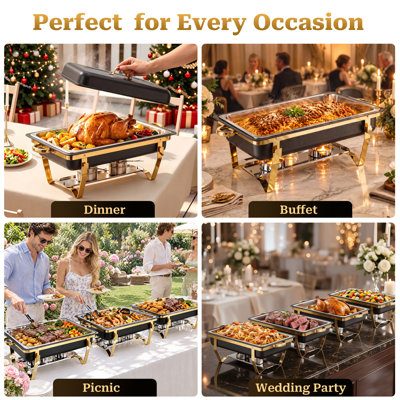 Chafing dish carré de luxe noir et or 9 QT – Chauffe-plats en acier inoxydable avec support plaqué or, idéal pour les mariages, les hôtels, les traiteurs et les événements extérieurs, ensemble de 4