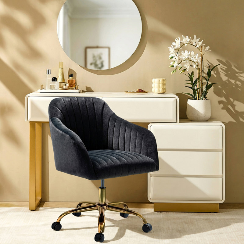 Chaise de travail en velours Adan, Velours noir