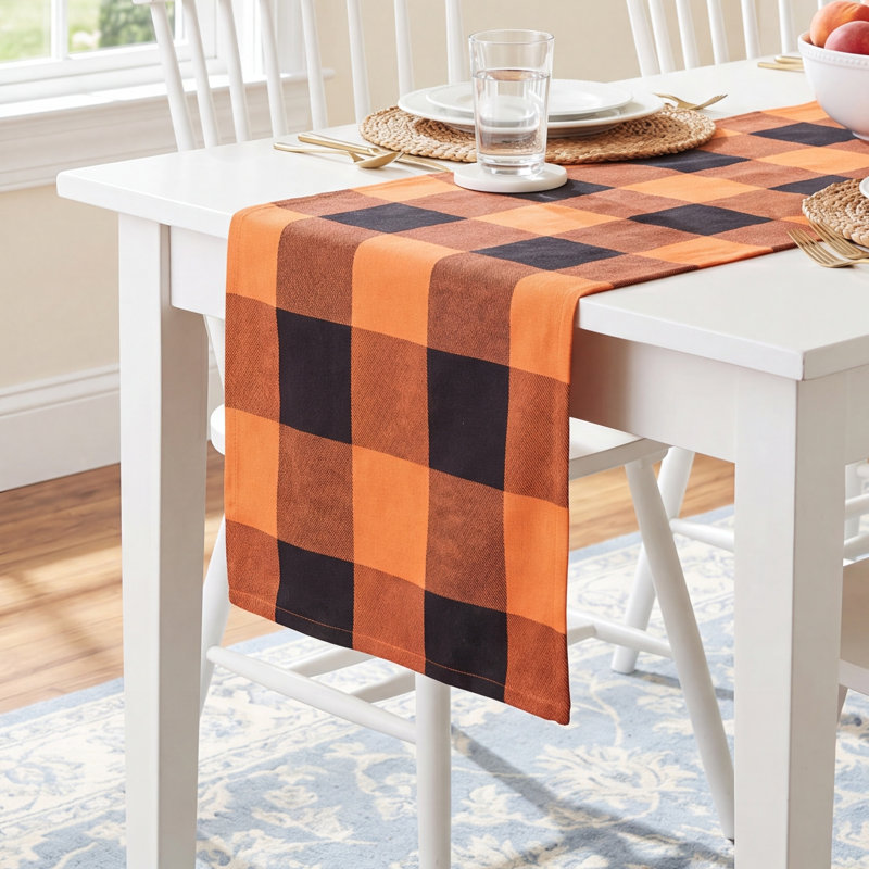 Harvest Plaid 100% Cotton Table Runner, 16" W x 90" L, Orange/Black