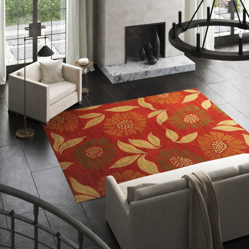 Flower Power Wool Floral Area Rug in Beige/Red, Rectangle 10' x 14'