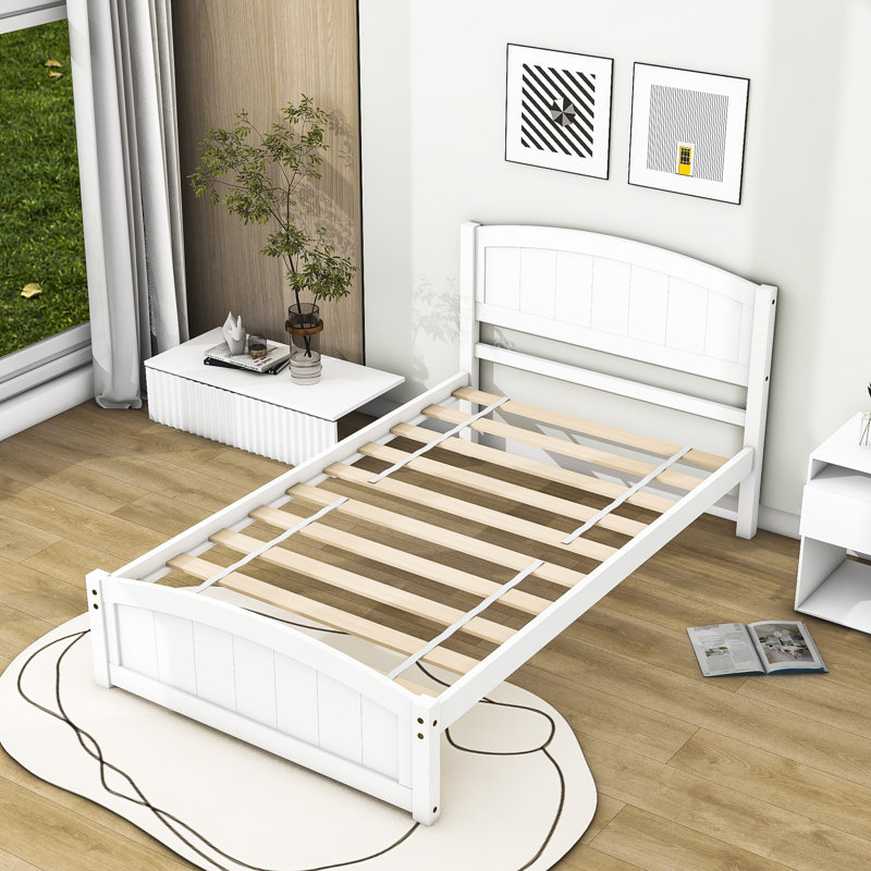 Twin Size Wood Platform Bed with Headboard, White