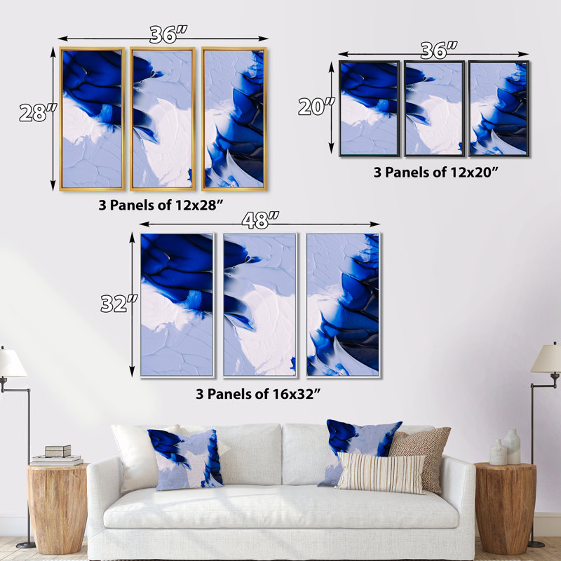 Abstrait bleu gris et vagues blanches - peinture sur toile flottante 3 pièces, Érable, H 20 po x l 36 po