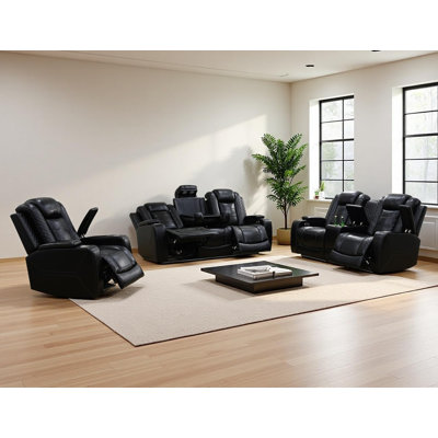 3-Piece Breathing Leather Power Reclining Sofa Set With LED Lights, Wireless Charger, Storage Console & Drop-Down Table