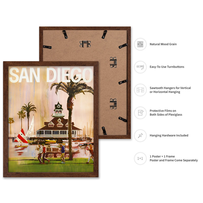 San Diego, Californie, H 18 po x l 24 po, Affiche, Encadrement brun