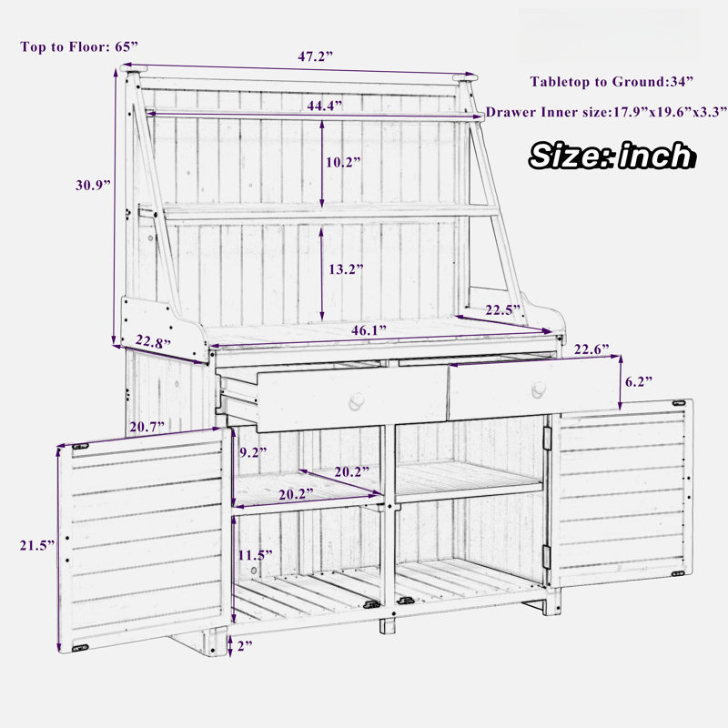 Table de jardin avec 2 tiroirs, 2 armoires et tablettes de rangement, Brun